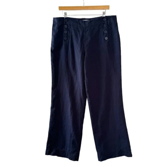 Max Studio Navy Blue 100% Linen Sailor Button Front Wide Leg Trousers Size 12 - Picture 1 of 6